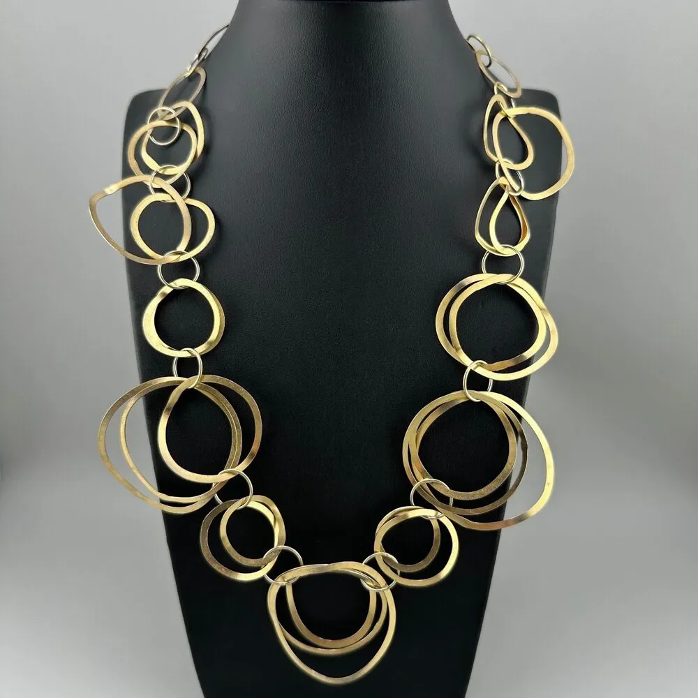 Vintage Modernist Necklace Multi Circle Linked Gold Tone Hammered Hoop Signed